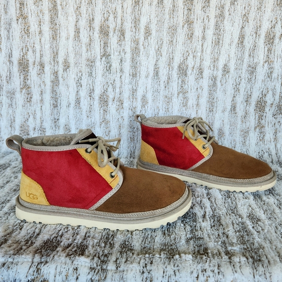 UGG "Neumel Mashup" Suede Leather Chukka Boot Red Tan Yellow | Men's Size 9 - Picture 6 of 11